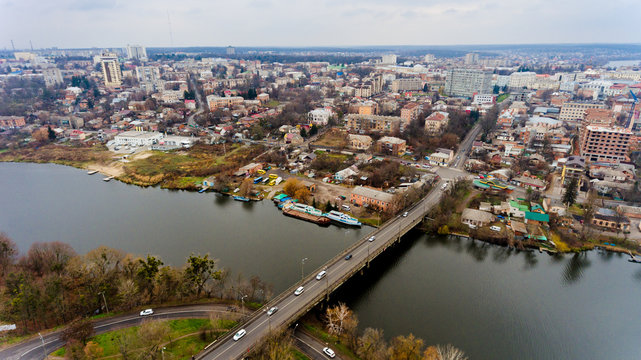 Aerial view of the river Southern Bug in the city of Vinnitsa.
