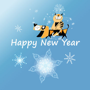 New Year greeting card with dog and cat