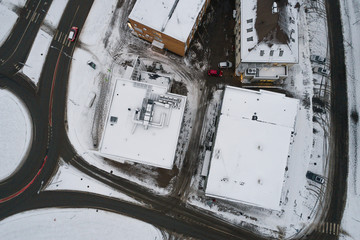 Aerial view of the city covered with snow.