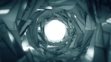 Abstract technology tunnel. Silver metal concstruciton sharp corners with reflections the camera...