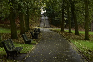 Chemin ombragé avec banc le long vers l'un des escaliers pour sortir du parc Josaphat à Schaerbeek