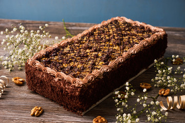 Delicious chocolate cake with walnut