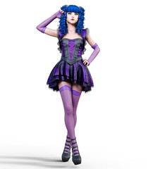 Young beautiful girl with doll face posing photo shoot. Short light purple dress, stockings, shoes. Long blue hair. Bright goth make up. Conceptual fashion art. Realistic 3D render illustration.