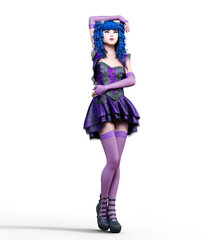 Young beautiful girl with doll face posing photo shoot. Short light purple dress, stockings, shoes. Long blue hair. Bright goth make up. Conceptual fashion art. Realistic 3D render illustration.