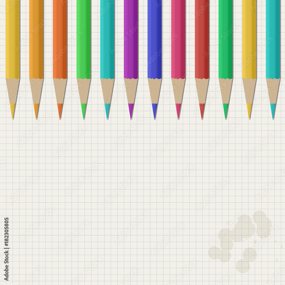 Aufkleber white squared stained notebook paper with colorful pencils on top for text or message.