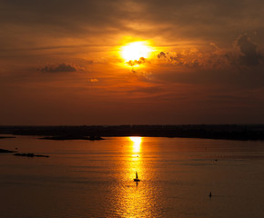 summer landscape scenic fiery sunset over calm river