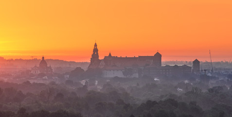 Krakow, Poland, Wawel castle silhouette at sunrise