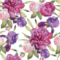 Floral seamless pattern with hand drawn watercolor peonies, roses and irises - 182307443
