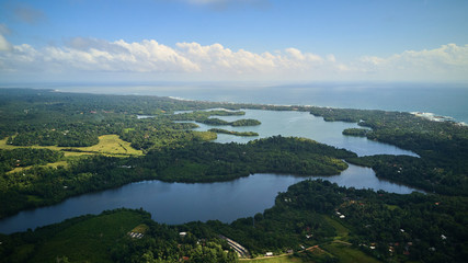 beautiful tropical lake in jungle aerial shot