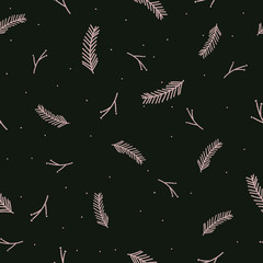Stylish winter seamless pattern. Pine branch and snow on dark background. Wrapping paper. Vector