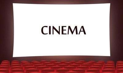 Cinema auditorium with blue seats and blank screen. Vector illustration