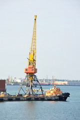 Tugboat and port cargo crane