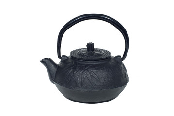 antique oriental black cast iron pottery kettle isolated