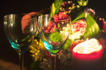 Beautiful bouquet of roses. Romantic dining concept.