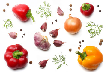 mix of sweet bell pepper, garlic and parsley isolated on white background. top view