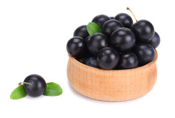 blackthorn berries in wooden bowl with green leaf isolated on white background