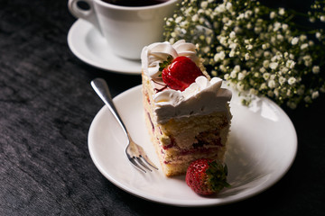Slice of Strawberry cake with fresh strawberry