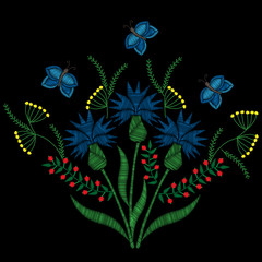 Bouquet with different flower and butterfly embroidery stitches imitation on the black background