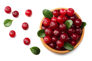 Cranberry with leaves isolated on white. With clipping path. Full depth of field