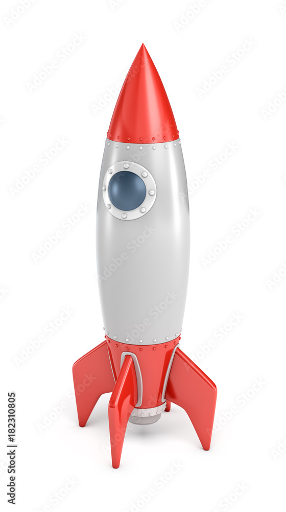 Poster 3d rendering of a silver and red rocket ship with a round porthole standing on a white background.