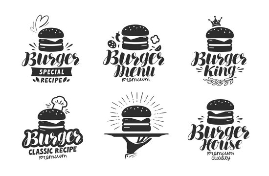 Burger, fast food logo or icon, emblem. Label for menu design restaurant or cafe. Lettering vector illustration