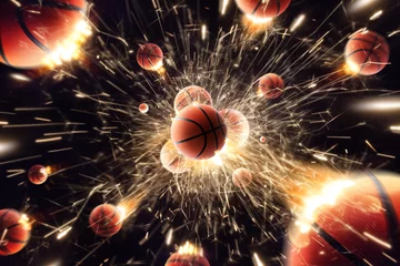 Gordijnen Basketball. Basketball balls with fire sparks in action. Black isolated © Ruslan Shevchenko