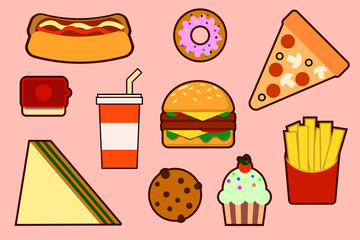 Fast food set. Illustration of fast food  icons for web. Flat design 