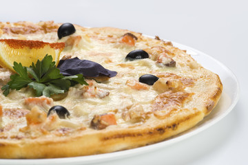 Tasty pizza with salmon