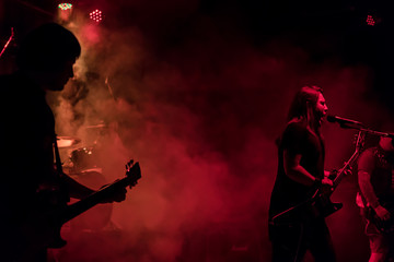 Guitarist sings into the microphone, performing on stage at a concert in smoke, in red tones