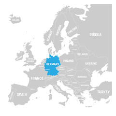 Germany marked by blue in grey political map of Europe. Vector illustration.