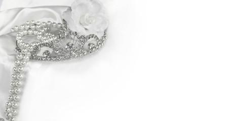 Wedding crown and pearls textile roses corner decoration empty festive background © sangriana