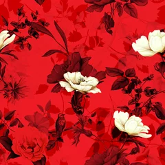  Naadloze patroon van wilde roos, papaver bloemen, korenbloemen met zoemende vogel op tak met bladeren op rood. Hand getekend. Vector voorraad. © iMacron