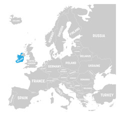 Ireland marked by blue in grey political map of Europe. Vector illustration.