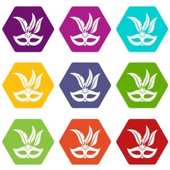 Carnival mask icon set color hexahedron