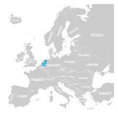 Fototapeta na wymiar Netherlands marked by blue in grey political map of Europe. Vector illustration.
