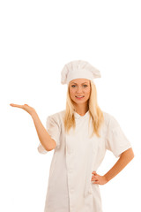 beautiful blond Woman chef isolated over white background