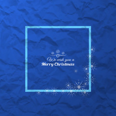 Vector poster to Merry Christmas with square frame with snowflakes on the gradient blue background with a pattern of crumpled paper.