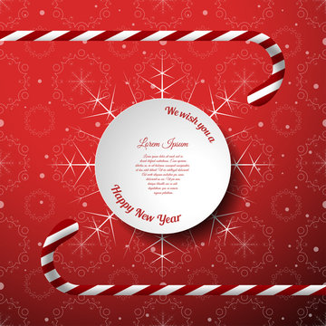 Vector Poster For Happy New Year With White Round Label Cut From Paper And Striped Lollipops On The Gradient Red Backround With Pattern.