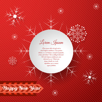 Vector poster for Happy New Year with white round label cut from paper and snowflakes on the gradient red backround with line pattern.