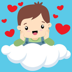 Cute Little Boy In Love With Hearts Sitting On a Cloud Valentine Card Illustration