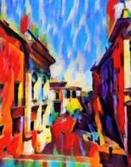 Fototapeta premium Staircase in the historic center of Rome. Large size modern wall art oil painting on canvas. Colorful abstract impressionism artwork.