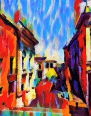 Staircase in the historic center of Rome. Large size modern wall art oil painting on canvas. Colorful abstract impressionism artwork.