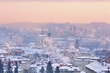 Winter Prague Panorama with St. Nicholas Church and Old Town