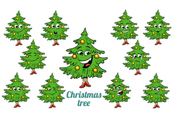 Christmas tree emotions emoticons set isolated on white backgrou