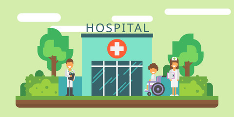 Hospital facade and ambulance car vector flat. Several fashionable colors.