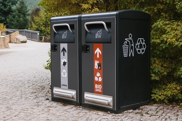 Modern smart bins. Waste collection. Separate collection of garbage and biodegradable waste.