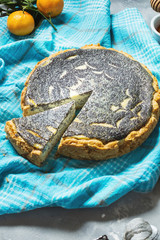 Homemade cheesecake with poppy seeds on concrete table