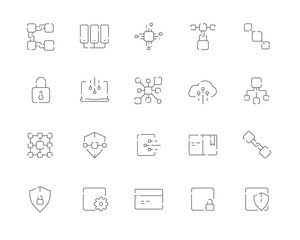 Simple set of Blockchain related vector line web icons. Contains such Icons as Blockchain, Block, Transaction, Ledger, Distribution and more. Editable Stroke. 48x48 Pixel Perfect.