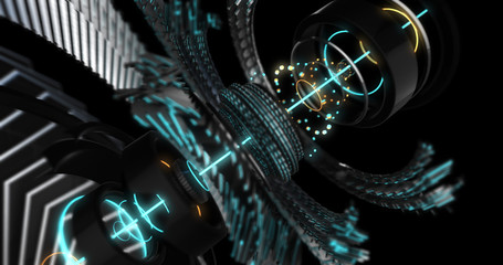 3D Illustration of Future technology, security concept background. Mechanical, Robotic gears, mecha core. Graphic Resource © Quardia Inc.