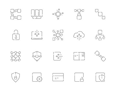 Simple set of Blockchain related vector line web icons. Contains such Icons as Blockchain, Block, Transaction, Ledger, Distribution and more. Editable Stroke. 48x48 Pixel Perfect.